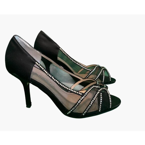 Caparros Black Satin & Mesh Rhinestone Open-Toe Heels Womens Size 8 - Picture 3 of 6